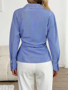 SHEIN LUNE Women's Casual Striped Long Sleeve Shirt With Side Slit Hem, Suitable For Commuting Elegant Blue And White Shirt Business - Multicolor - View 3