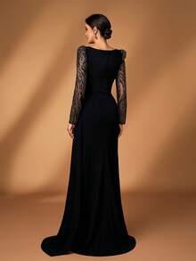 Serin Elegant Black Winter Formal Wedding Mermaid Dress,Luxurious Beaded Sequin Floral Applique Lace Patchwork Stretch Knit Ruched Gowns For Parties&Galas - Black - View 3