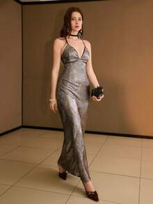 MOTF PREMIUM VESTIDO DE TIRANTES FINOS CON DECORACIÓN FLORAL 3D DE BRILLO METÁLICO ELEGANTE - Plateado - Ver 6
