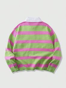 ROMWE MEN Men's Contrast Stripe Preppy Half-Zip Casual Long Sleeve Patchwork Collar Sweater - Green - View 2