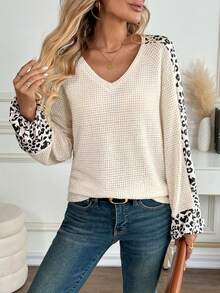 SHEIN LUNE Women's Autumn New V-Neck Waffle Texture Leopard Print Patchwork Lantern Sleeve Loose Casual Fashion T-Shirt - Khaki - View 5