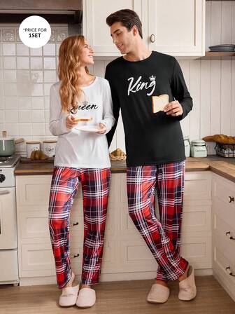 CoupledUp Men's Casual Contrast Plaid & Crown Print Crew Neck Comfortable Couple Pajama Set