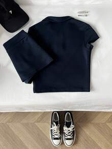 Elamini Women's Casual Polo Collar Horse Embroidery Fitted T-Shirt & Mini Low-Waist Skort Set - Navy Blue - View 2