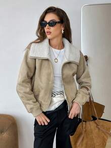 Easowa Women's Solid Color Minimalist Everyday Zip-Up Long Sleeve Faux Fur Jacket - Khaki - View 4