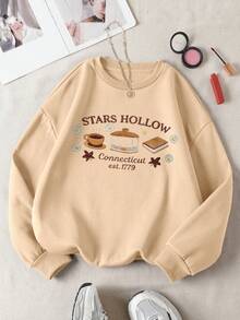EMERY ROSE Stars Hollow Imitation Embroidery Effect PatternSweatshirt, Cozy Fall Crewneck Sweatshirt, Coffee Book Lover Gift, Cozy Season Sweatshirt - Khaki - View 3