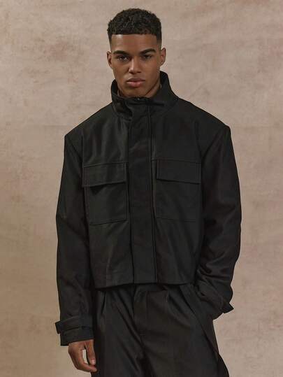 Musero Chaqueta con cuello de embudo, manga larga, cremallera oculta, bolsillo delantero, corta y sobredimensionada - Esencial de primavera y verano para capas