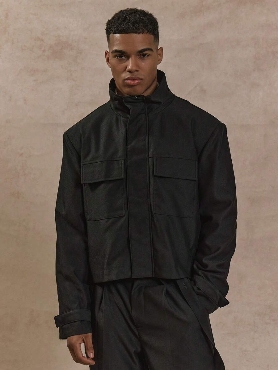 Musero Cropped Oversized Long Sleeve Zip Through Hidden Placket Front Pocket Details Funnel Neck Jacket Autumn Winter Essentials Layering