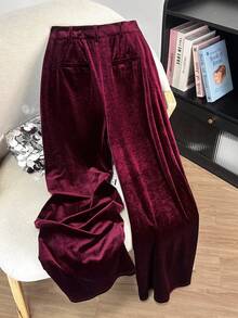 Lumivelle Elegant Casual Velvet Pants For Autumn Velvet Pants Women Women Wide Leg Pants High Waist Pants - Burgundy - View 2