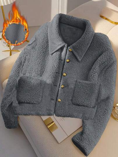 Franclia Veste en polaire à col chemise, manches longues, poche et décoration de boutons dorés pour femmes, automne/hiver