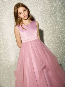 Girls' Elegant Round Neck Sleeveless Pink Maxi Dress With Bow Back Mesh, Suitable For Evening Party, Wedding, Flower Girl, Prom, Birthday, Holiday, Christmas, Halloween, And Other Occasions