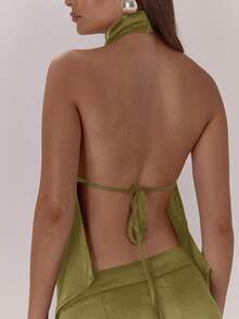 MUSERA Top con cuello alto, drapeado de satén, espalda abierta con lazo, elegante y sexy para ocasiones nocturnas, vacaciones, otoño, capas, invierno, fiesta, primavera, verano - Verde Oliva - Ver 6