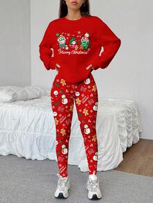 SHEIN EZwear 两件套女士休闲圆领卫衣和打底裤套装，适合秋冬季节，圣诞节、圣诞老人、雪人、姜饼人印花图案。 - 彩色 - 查看 7