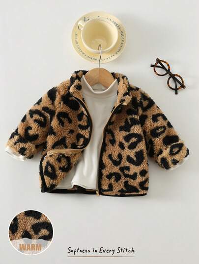 Cozy Pixies Toddler Girls' Leopard Print Fleece Lined Stand Collar Cardigan, Comfortable Versatile Stylish Casual Basic Jacket For Indoor, Outdoor, Skiing, Back To School, Daily Wear, Sports, Party, Festival, Halloween, Christmas, New Year, Valentine's Day
