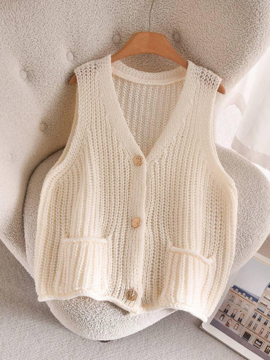 CosyJoli Plus Size Women Metal Single-Breasted Casual Knitted Vest, Autumn/Winter - Apricot - View 1