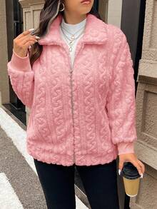 SHEIN Frenchy Jaqueta feminina plus size casual, simples e felpuda, de manga comprida, ideal para o inverno. - Rosa - Ver 8