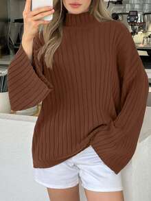 EURMUSE Women High Neck Flare Sleeve Rib Knit Comfy Sweater Pullover - Brown - View 3