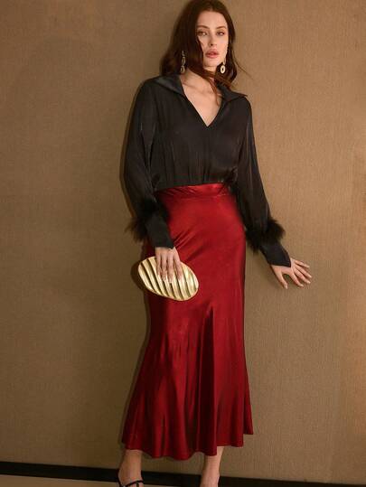 FASHIONABLE V-COLLAR LOOSE FIT FEATHER DECOR ASYMMETRIC CUFF GLOSSY SATIN BLOUSE