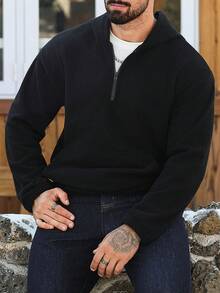 Manfinity CasualCool 男士抓绒休闲INS风连帽衫。针织纹理面料，半拉链长袖连帽衫。适合送给丈夫的礼物。男士套头衫，高领设计，冬季款 - 黑色 - 查看 4
