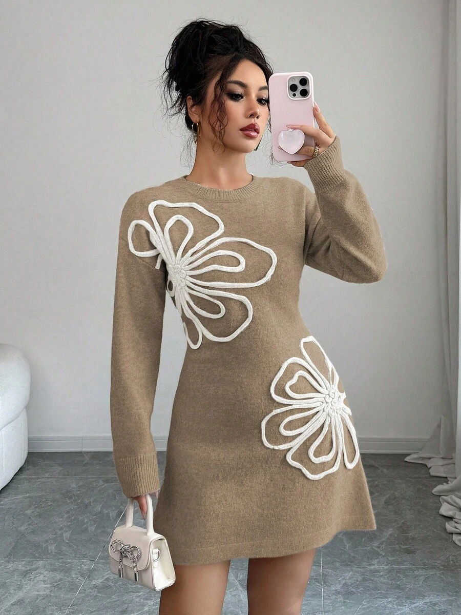 Elenzga Gaun Rajut Elegan dengan Dekorasi Bunga 3D, Musim Gugur/Musim Dingin - Khaki - View 1