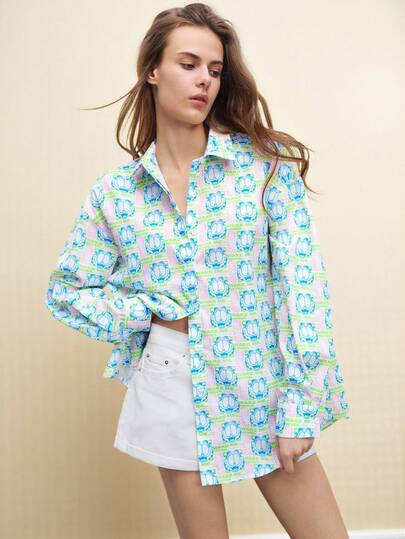 SHEIN Maija Women's Cartoon Pattern Front Button Casual Long Sleeve Shirt