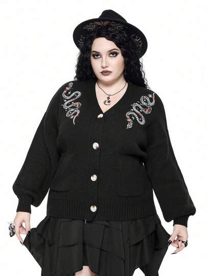 Goth Cardigan à col en V avec broderie de serpent gothique et de lune croissante pour grandes tailles, convient pour l'hiver