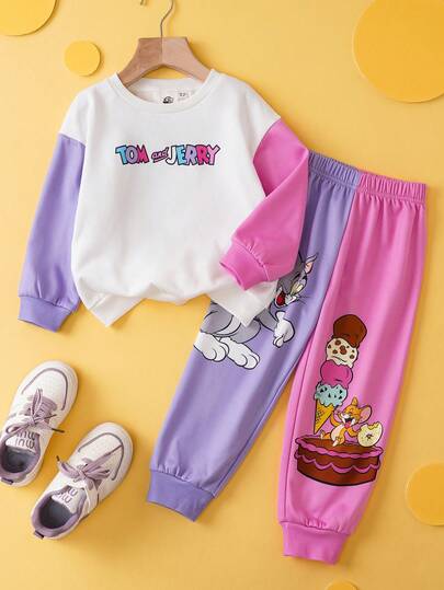 TOM & JERRY X SHEIN 2pcs Young Girl Knitted Dropped Shoulder Sweatshirt And Contrast Cartoon Cake Print Pants Set, Autumn/Winter Kids Sweat Set Kids Jogger Sets Girls Comfy Set