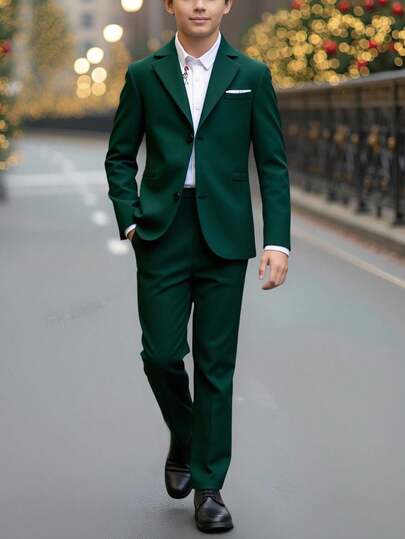 SHEIN 2pcs Tween Boy Casual Preppy Gentleman Outfit, Solid Color Blazer Jacket And Elastic Waist Formal Pants Set, Suitable For Birthday Party, Formal Occasion, Wedding