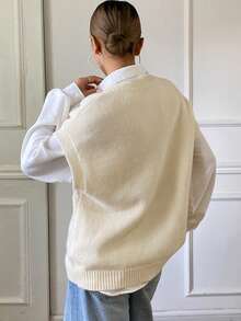 DAZY Rompi Sweater Wanita Kasual Warna Polos Leher V, Musim Gugur/Dingin - Krem - View 2