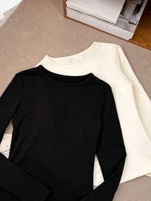 DAZY Camiseta para adolescentes, tops de manga larga de otoño para mujeres - Blanco y Negro - Ver 2