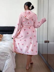 SHEIN Plus Size Women Cherry Print Hooded Belted Robe, Cozy For Autumn/Winter , Fluffy - Baby Pink - View 2