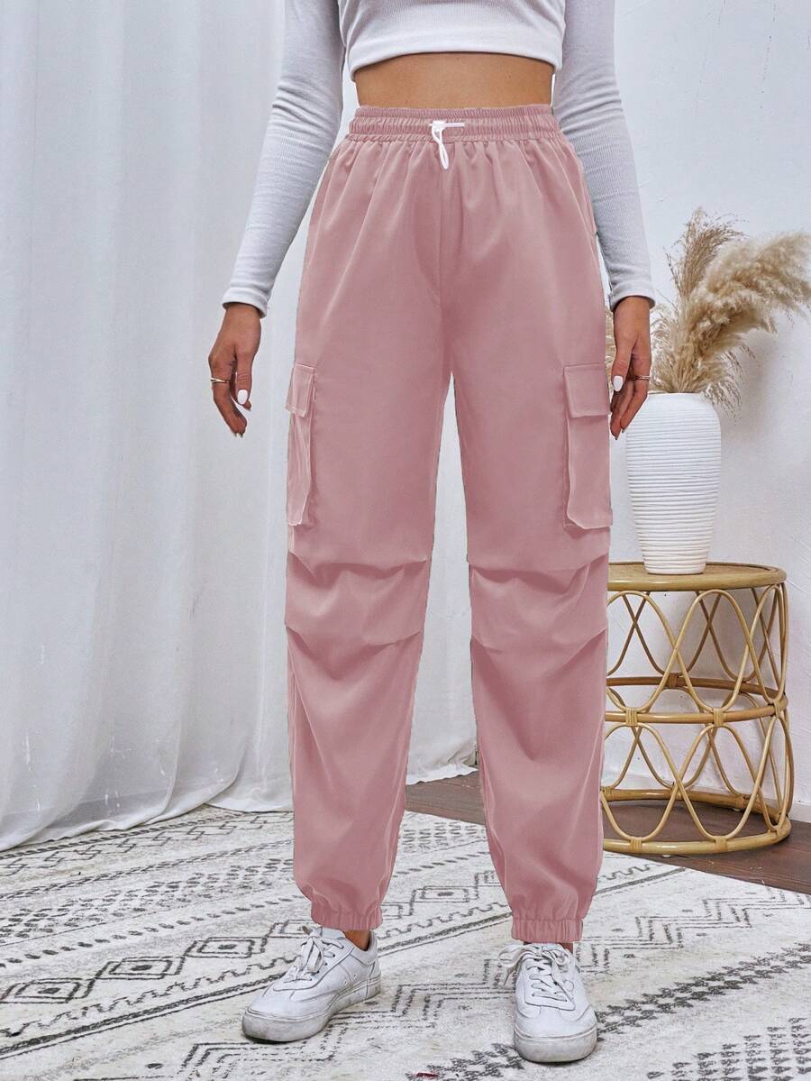 SHEIN Unity Casual Solid Color Drawstring Cargo Pants - Baby Pink - View 1