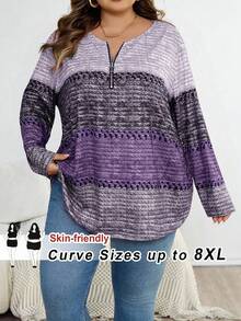 SHEIN CURVE+ 大码女式圣诞棕色领拉链设计T恤，圣诞主题女式T恤，大码秋冬服装 - 彩色 - 查看 1