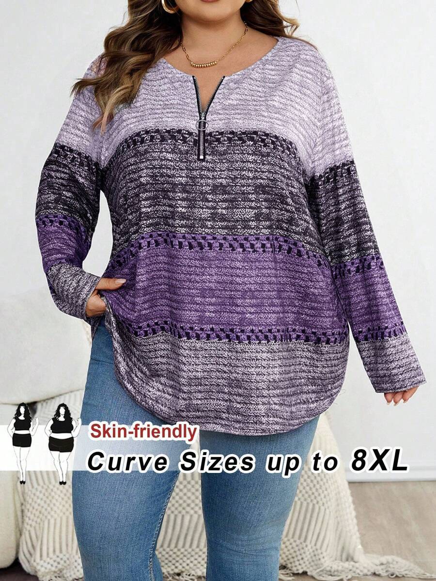 SHEIN CURVE+ 大码女式圣诞棕色领拉链设计T恤，圣诞主题女式T恤，大码秋冬服装 - 彩色 - 查看 1