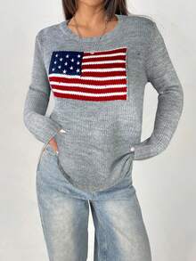 SHEIN PETITE Women 4th Of July American Flag Pattern Round Neck Casual Long Sleeve Sweater,Tops For School In Fall/Winter - Grey - View 3