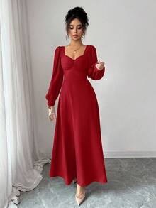 Elenzga 女士优雅方领泡泡袖束腰长裙，适合日常通勤 - 紅色 - 查看 3