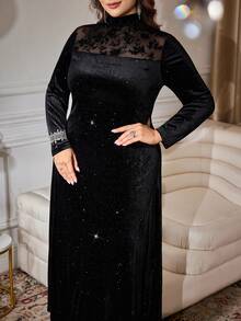 Modelyn Robe longue à manches longues avec patchwork en maille et décoration de cristaux, automne/hiver, grande taille - Noir - Voir 6