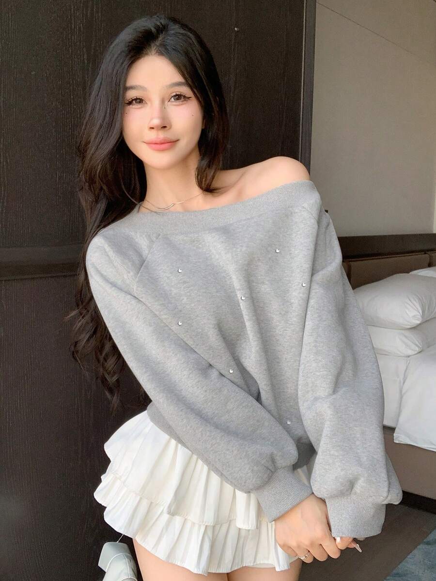 DAZY Women's Rhinestone Embellished Off Shoulder Long Sleeve Sweatshirt, Solid Gray, Suitable For Autumn/Winter, Christmas & New Year - Grey - View 1