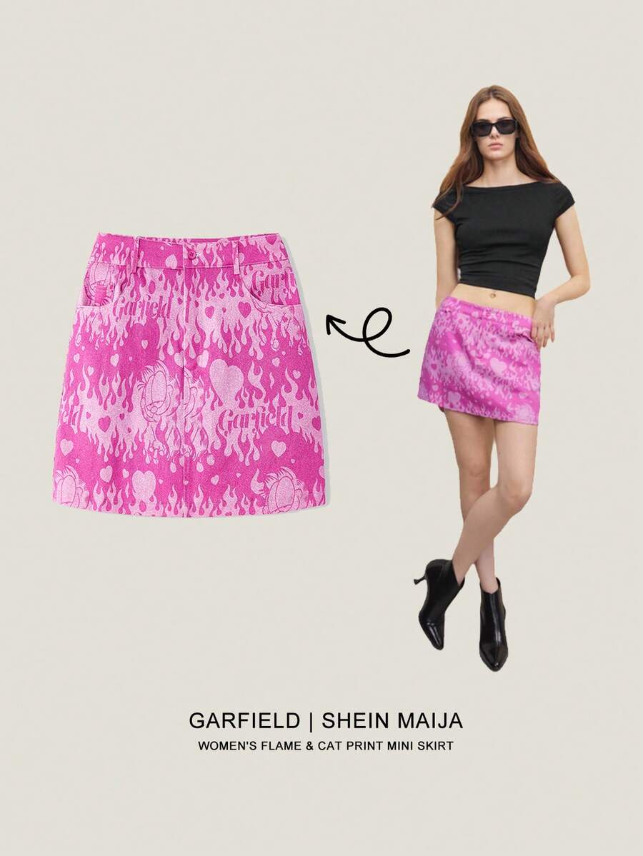 GARFIELD | SHEIN Maija Women's Summer Flame & Cat Print Mini Skirt
