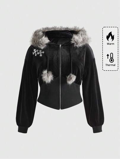 Goth Plus Size Gothic Cross Fuzzy Collar Black Hoodie Sweatshirt, Women Plus Size Hoodie Jacket Tops, Women Plus Size Black Jacket Outerwear For Autumn/Winter