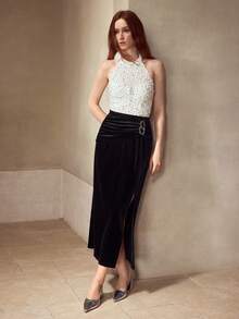 MOTF PREMIUM BLACK VELVET RUCHED RHINESTONE DECOR SKIRT, MINIMALIST & ELEGANT - Black - View 1