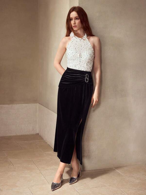 MOTF PREMIUM BLACK VELVET RUCHED RHINESTONE DECOR SKIRT, MINIMALIST & ELEGANT