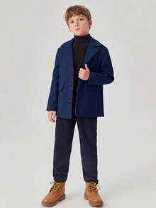 SHEIN Boys' Solid Color Casual Long Sleeve Jacket - Navy Blue - View 7