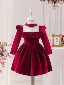 Glamorique Kids 女婴秋冬宫廷风紫色撞色蕾丝高领灯笼袖A字连衣裙，适合派对和节日庆典 - 中紫紅色 - 查看 1