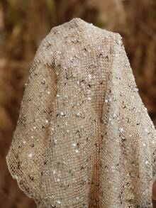 Arave Women's Sequined Fabric H-Line Loose Fit, Hollowed-Out Shimmering Sequined Off-Shoulder Design, Modern Party Top    Party Tops - Khaki - View 8