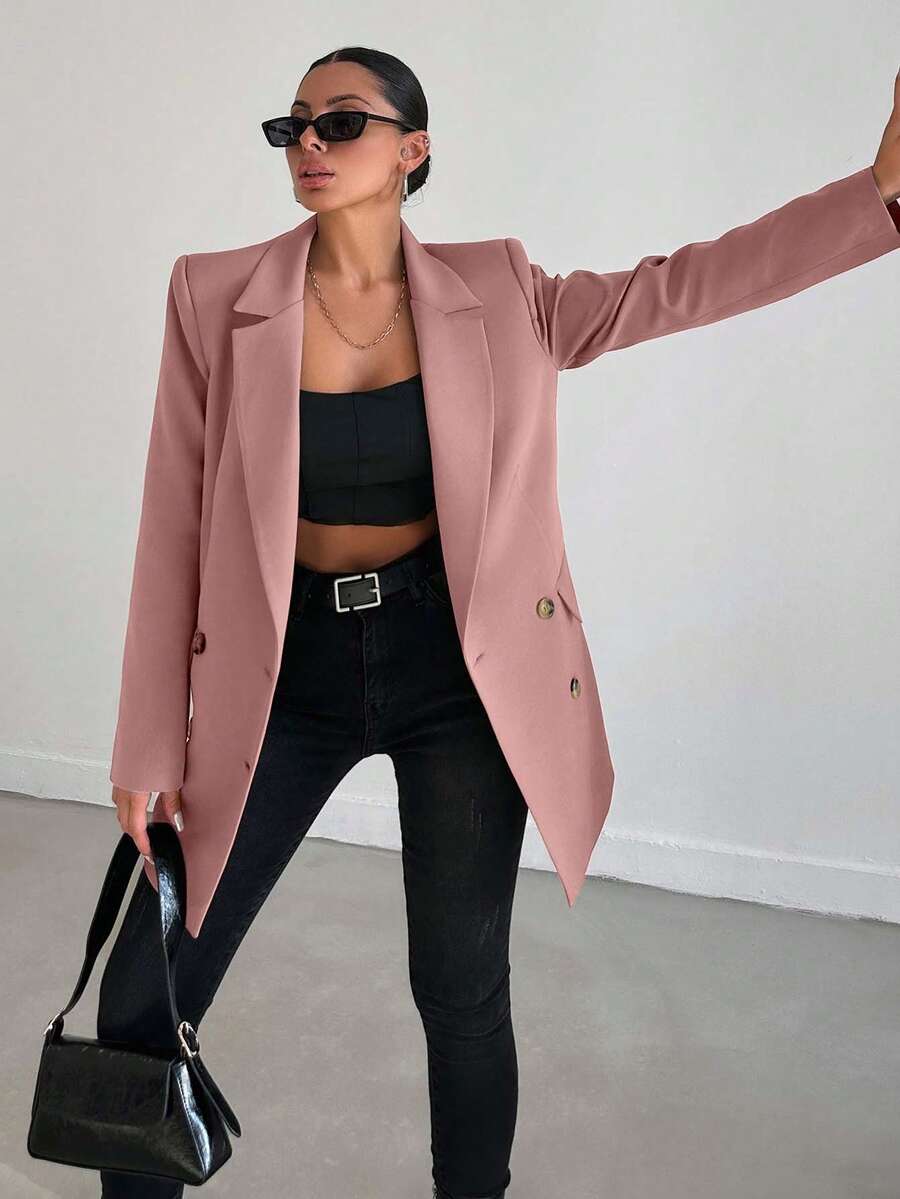 EURMUSE Women Simple Front Button Flat Lapel Long Sleeve Casual Blazer - Pink - View 1