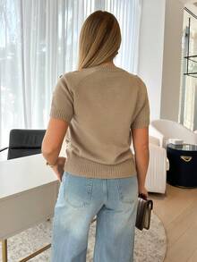 Cioccolato 时尚百搭亮片装饰短袖套头衫针织毛衣针织套头衫秋冬 - 卡其色 - 查看 3