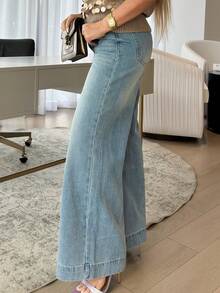 Cioccolato Women's High Waist Loose Distressed Wide Leg Jeans - Blue - View 4