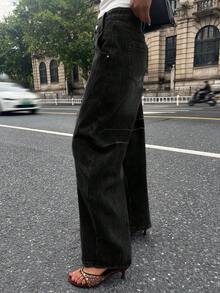 DAZY Loose Fit Vintage Washed Wide Leg Casual Jeans, American Workwear Style - Black - View 4