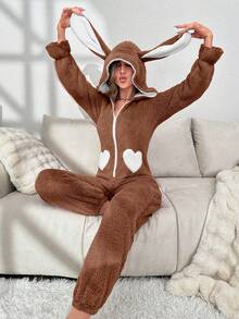 柔软咖啡棕色法兰绒长袖连体衣，带俏皮耳朵帽和拉链前襟，可爱纯色连体衣，心形口袋，休闲舒适，可作睡衣穿着，蓬松柔软，冬季必备 - 咖啡棕 - 查看 1