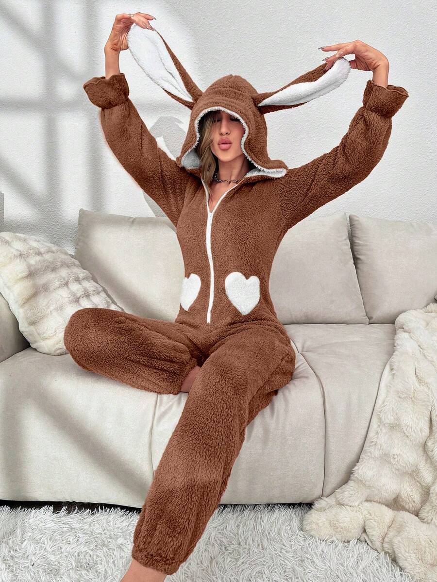 柔软咖啡棕色法兰绒长袖连体衣，带俏皮耳朵帽和拉链前襟，可爱纯色连体衣，心形口袋，休闲舒适，可作睡衣穿着，蓬松柔软，冬季必备 - 咖啡棕 - 查看 1
